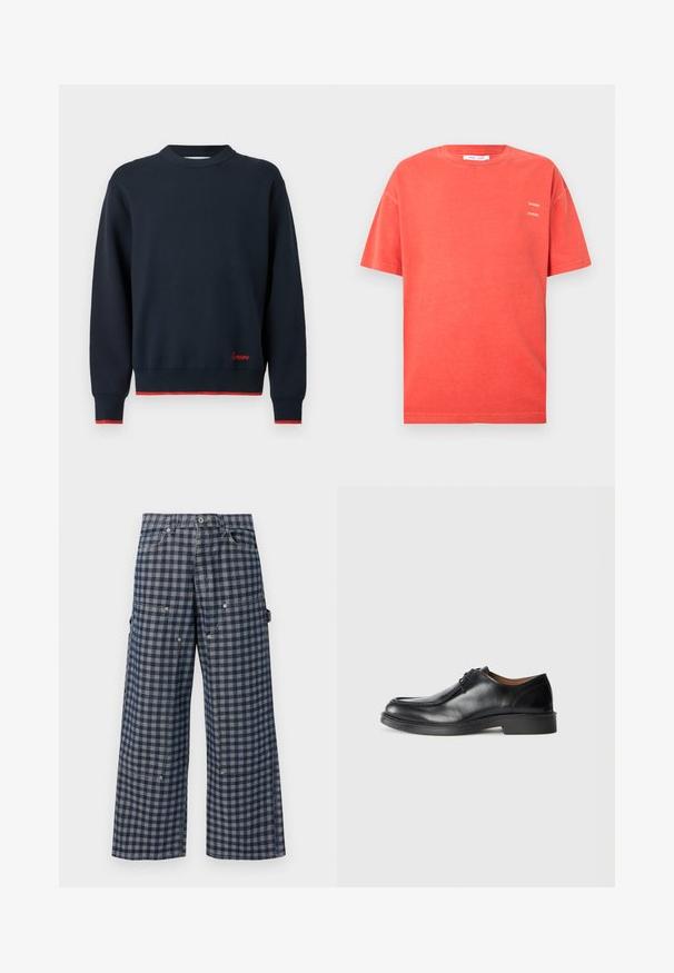 Pull à manches longues bleu marine avec col rond, bordure rouge aux poignets et à l'ourlet, et petite broderie rouge au-dessus de l'ourlet sur le côté droit avant.; T-shirt en coton rouge corail à manches courtes avec col rond, coupe décontractée, et petit logo blanc « SAMSØE » imprimé deux fois sur le côté gauche de la poitrine.; Pantalon à jambes larges avec un motif à carreaux bleu marine et gris, poches avant et latérales, et une fermeture à bouton à la taille.; Chaussure de ville en cuir noir avec un bout arrondi, surface lisse, détails en dentelle et une semelle en caoutchouc texturée basse. Lignes épurées et design minimal.