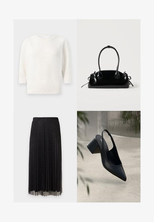 Pull en tricot blanc avec un col rond, des manches mi-longues et un ourlet côtelé. Texture douce, tissu léger et sans motifs visibles.; Jupe midi plissée noire avec un léger motif léopard, taille élastique et texture transparente à l'ourlet.; Escarpin noir en cuir avec un bout pointu et un talon bloc. Texture lisse, design minimaliste et bride de cheville réglable.; Petit sac à main noir brillant avec deux longues anses et des détails à cordon sur les côtés sur un fond clair uni.