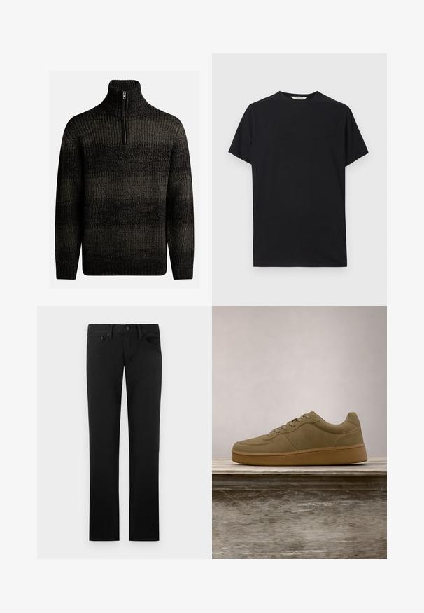 Mørk strikket sweater med høj krave og kvart lynlås. Har et tekstureret mønster med varierende nuancer af sort og grå.; Sort kortærmet t-shirt lavet af blødt bomuldsstof. Rund halsudskæring med en afslappet pasform, der har rene, enkle linjer og ingen synlige mønstre.; Sorte jeans med lige ben, fem lommer, bæltestropper og knaplukning i taljen, vist mod en ensfarvet baggrund.; Olivengrøn sneaker med snørebånd, der svæver over en træbænk, med sløret grønt løv i baggrunden.