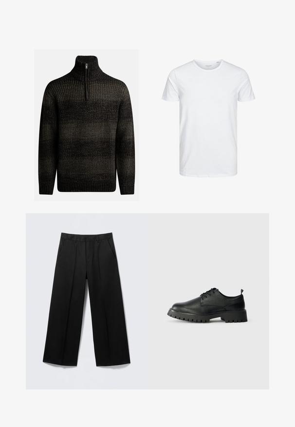 Mørk strikket sweater med høj krave og kvart lynlås. Har et tekstureret mønster med varierende nuancer af sort og grå.; Rundhals kortærmet t-shirt i ensfarvet hvid, lavet af blød bomuld, har et simpelt design uden synlige mønstre eller detaljer.; Sorte vidde-bukser med bæltestropper, forlommer og lynlås foran, vist på en lysegrå baggrund.; Sorte læder snøresko med rund tå, tekstureret overflade og kraftig gummisål med dybe riller for bedre greb.