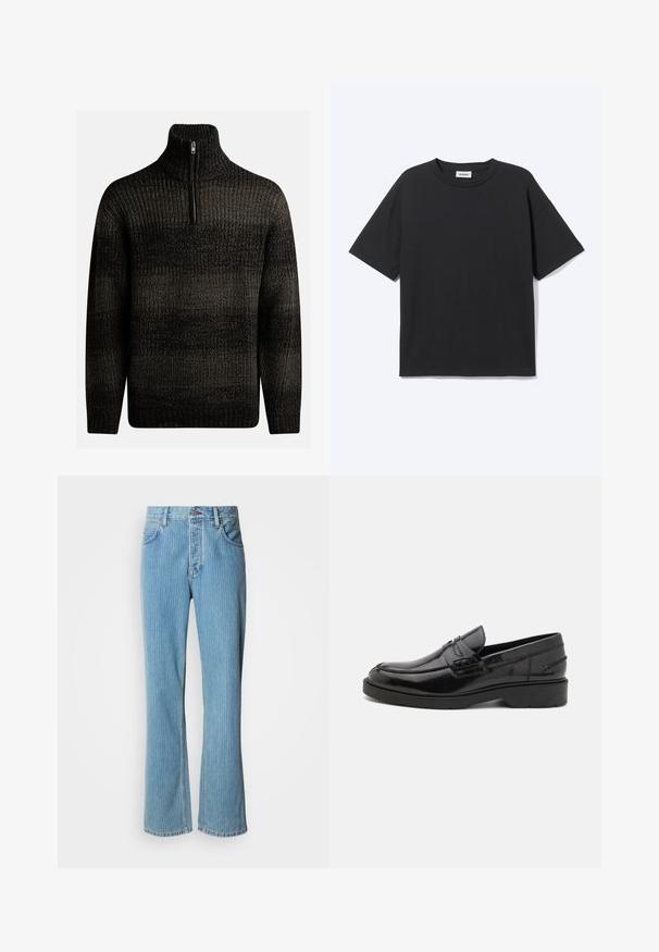 Pull en laine noir tricoté avec un col montant et une fermeture éclair quart. Présente un motif texturé avec des nuances de noir et de gris.; T-shirt noir à manches courtes avec col rond, coupe décontractée, vue de face, design uni et étiquette de la marque Weekday visible à l’intérieur du col.; Jean en denim bleu clair évasé avec une taille haute, des rayures verticales et un design à cinq poches avec fermeture à bouton frontal.; Mocassins en cuir noir avec une finition lisse, un bout rond, un petit talon et descoutures décoratives à l'avant. Semelle en caoutchouc pour l'adhérence.