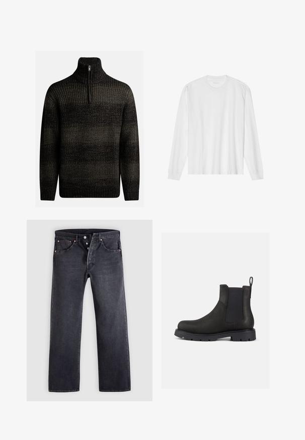 Mørk strikket sweater med høj krave og kvart lynlås. Har et tekstureret mønster med varierende nuancer af sort og grå.; Hvid, langærmet t-shirt i bomuld med rund hals, med ribbede ærmeafslutninger og en lige kant, glat tekstur og minimalistisk design.; Sorte denimjeans med lige snit, fem-lommer design og kobberknapdetaljer. Glat tekstur med let falmet finish.; Sorte læder Chelsea-boot med elastiske sider, trækribe og struktureret gummisål for godt greb. Slank design og understated finish.