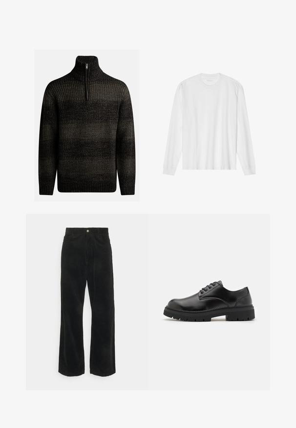 Mørk strikket sweater med høj krave og kvart lynlås. Har et tekstureret mønster med varierende nuancer af sort og grå.; Hvid, langærmet t-shirt i bomuld med rund hals, med ribbede ærmeafslutninger og en lige kant, glat tekstur og minimalistisk design.; Sorte cordfløjsbukser med vide ben og en glat tekstur, med knaplukning foran og to sidelommer.; Sorte lædersko med rund tå, snørelukning og en tykk, struktureret gummisål. Har syninger langs kanten og en glat overflade.