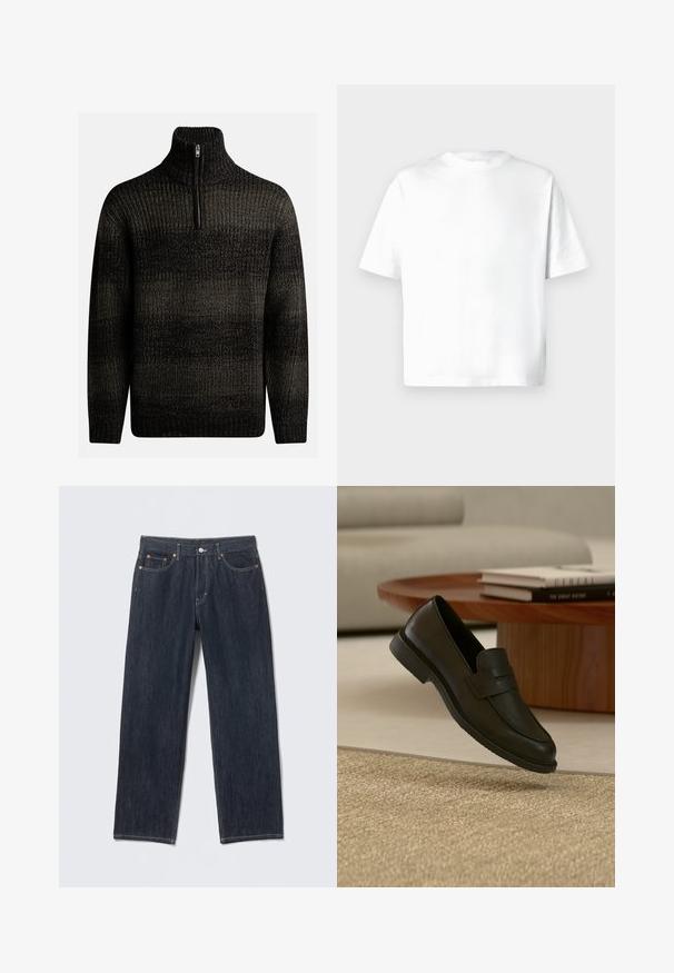 Pull en laine noir tricoté avec un col montant et une fermeture éclair quart. Présente un motif texturé avec des nuances de noir et de gris.; T-shirt blanc à manches courtes en coton doux, doté d'un col rond et d'une coupe décontractée sans motifs ni graphiques. Texture lisse.; Jean en denim bleu foncé à coupe droite, avec passants pour ceinture, poches avant et arrière, et coutures contrastées. Aucun motif ni ornement visible.; Chaussure mocassin en cuir noir présentée en suspension au-dessus d'un tapis beige tissé, avec une table en bois et des livres empilés dans un salon doucement éclairé.