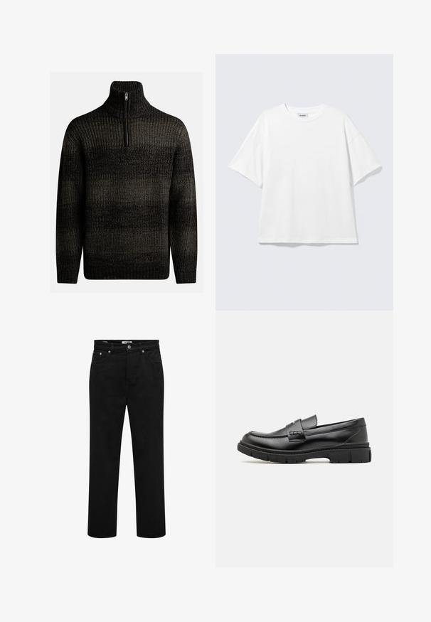 Pull en laine noir tricoté avec un col montant et une fermeture éclair quart. Présente un motif texturé avec des nuances de noir et de gris.; T-shirt blanc oversize à manches courtes, col rond, épaules tombantes, posé à plat sur fond gris clair.; Jeans noirs à jambes droites avec poches avant, passants pour ceinture, fermeture par bouton et détails de coutures visibles.; Mocassin en cuir noir avec une large sangle sur le devant, semelle en caoutchouc à épaisse rainure, et texture lisse. Design classique et élégant.