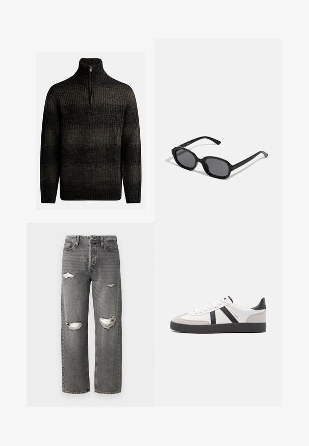 Pull en laine noir tricoté avec un col montant et une fermeture éclair quart. Présente un motif texturé avec des nuances de noir et de gris.; Jean en denim gris avec une coupe ample, présentant des déchirures aux genoux, un design classique à cinq poches et une fermeture éclair.; Baskets blanches avec des accents noirs et gris, présentant un embout texturé gris, une semelle en caoutchouc noir et des lacets plats blancs. Design épuré, style minimaliste.; Zign by Zalando Lunettes de soleil - black