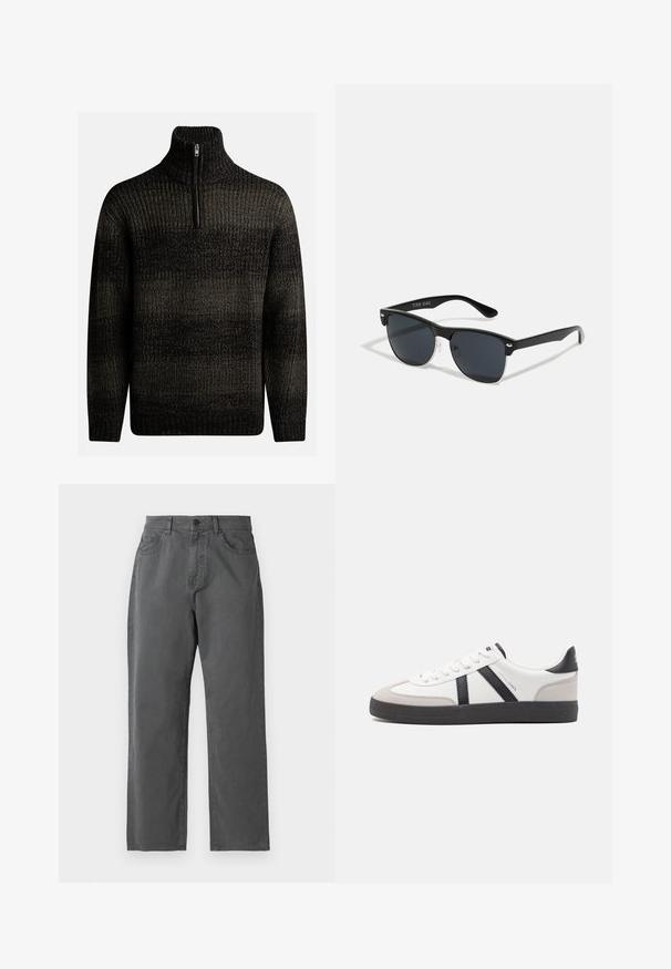 Pull en laine noir tricoté avec un col montant et une fermeture éclair quart. Présente un motif texturé avec des nuances de noir et de gris.; Pantalon gris foncé à jambes droites avec poches avant, fermeture par bouton, passants pour ceinture et braguette zippée sur un fond uni.; Baskets blanches avec des accents noirs et gris, présentant un embout texturé gris, une semelle en caoutchouc noir et des lacets plats blancs. Design épuré, style minimaliste.; Lunettes de soleil noires de forme rectangulaire, verres foncés, accents argentés aux tempes et finition mate sur la monture.