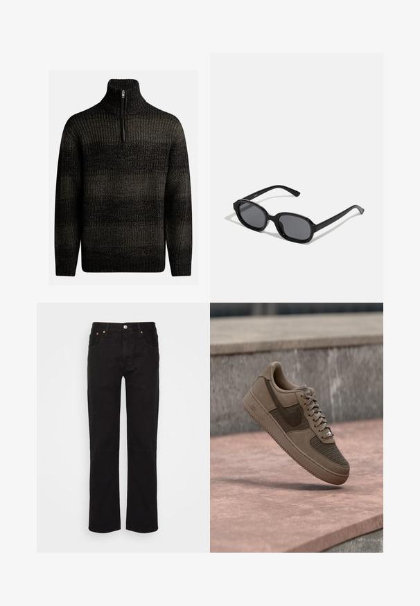 Mørk strikket sweater med høj krave og kvart lynlås. Har et tekstureret mønster med varierende nuancer af sort og grå.; Sorte lige ben jeans lavet af bomuld. Har fem lommer, en metalknap og orange syninger fortil.; Brun Nike Air Force 1 sneaker med mesh og læderdetaljer, der svæver over en pink betonoverflade og en grå stens baggrund.; Zign by Zalando Solbriller - black