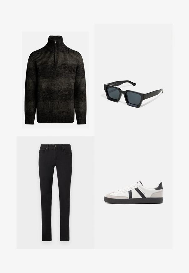 Mørk strikket sweater med høj krave og kvart lynlås. Har et tekstureret mønster med varierende nuancer af sort og grå.; Sorte slim-fit jeans med fem lommer, knaplukning og bælteklips, vist fladt på en hvid baggrund.; Hvide sneakers med sorte og grå detaljer, med en tekstureret grå tåhætte, sort gummisål og flade hvide snørebånd. Rent design, minimalistisk stil.; Sorte rektangulære solbriller med mørke linser. Tyk, glat plastikramme med let blank finish og lige stænger.