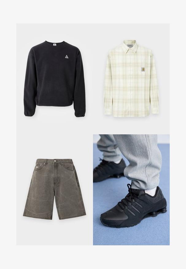 Sort sweatshirt med lange ærmer, rund halsudskæring og elastiske manchetter. Har et lille hvidt trekantet logo på venstre bryst. Blød tekstur.; Lysfarvet ternet skjorte med lange ærmer, knaplukning foran og en brystlomme med et logo-patch. Fremstillet i bomulds materiale med en blød tekstur.; Gråvaskede denimshorts med høj talje, forlommer, bæltestropper, knaplukning og subtilt krøllet tekstur.; Person iført sorte Nike Shox sneakers og grå joggingbukser, der står på lyseblåt tæppe.