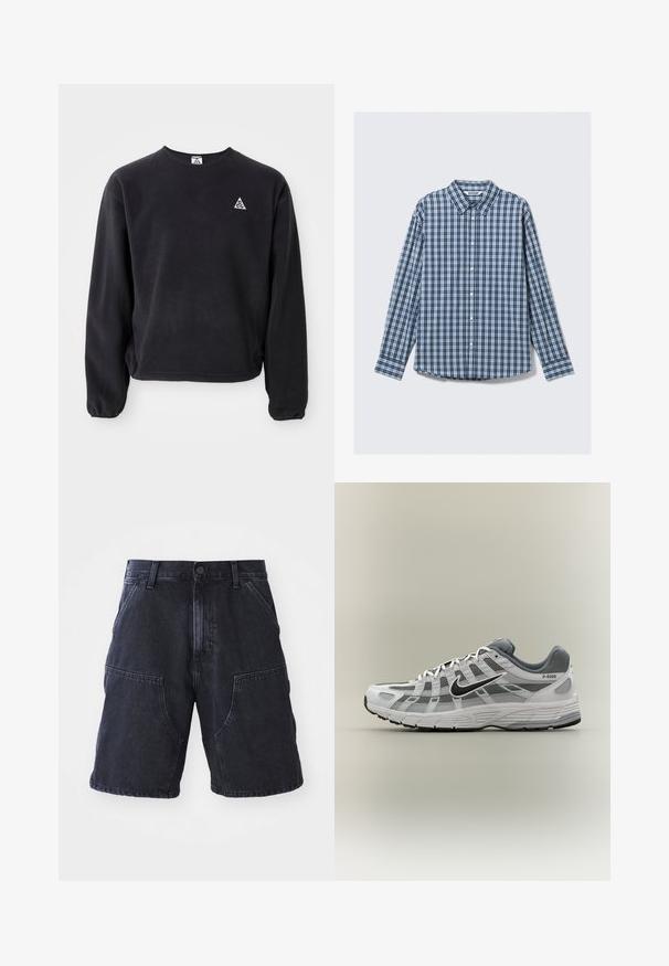 Sort sweatshirt med lange ærmer, rund halsudskæring og elastiske manchetter. Har et lille hvidt trekantet logo på venstre bryst. Blød tekstur.; Blå og hvid ternet langærmet skjorte med krave, knaplukning og manchetter. Bomuldsstof med en glat tekstur.; Mørke denim shorts med lige snit, store forlommer og knaplukning; glat tekstur og minimale syninger.; Hvid og grå Nike P-6000 sneaker med sort swoosh, meshpaneler og tekstureret sål, vist i sideprofil på neutral baggrund.