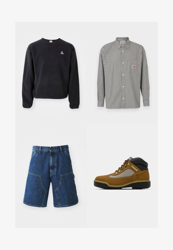 Sort sweatshirt med lange ærmer, rund halsudskæring og elastiske manchetter. Har et lille hvidt trekantet logo på venstre bryst. Blød tekstur.; Sorte og hvide vertikale striber langærmet skjorte med button-down krave. Har en brystlomme med en beige logo-plet.; Denim shorts med en mørkeblå vask, der har store forlommer, en knaplukning og synlige sømme langs kanterne.; Brun vandrestøvle med grå og sorte accenter, tekstureret læderoverdel, metaløjer og en robust gummisål til godt greb.