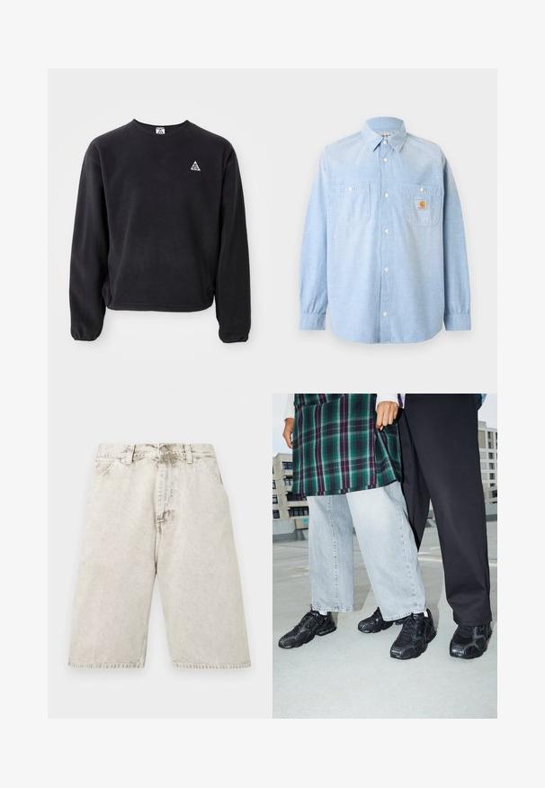 Schwarzer Pullover mit langen Ärmeln, Rundhalsausschnitt und elastischen Bündchen. Auf der linken Brust befindet sich ein kleines weißes Dreieckslogo. Weicher Stoff.; Hellblaues langärmeliges Hemd zum Knöpfen mit zwei vorderen Taschen, eine davon mit Carhartt-Logo-Patch und dezenten weißen Farbspritzern.; Hellgraue, ausgewaschene Jeansshorts mit vorderen Taschen, Gürtelschlaufen und Knopfverschluss, flach auf weißem Hintergrund liegend dargestellt.; Schwarze Sportschuhe mit Mesh- und Gummielementen. Kombiniert mit hellgrauen weiten Jeans und einem karierten grünen Oberteil. Flacher Hintergrund.