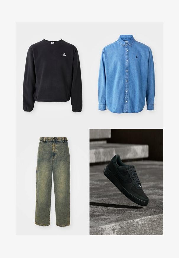 Zwarte sweatshirt met lange mouwen, ronde halslijn en elastische manchetten. Heeft een klein wit driehoeklogo op de linkerborst. Zachte textuur.; Denim button-up shirt, lichtblauw van kleur, met een puntkraag, lange mouwen en een klein logo op de borst. Voorzien van witte knopen en gestikte naden.; Baggy denim jeans in een vervaagde blauwe en groene was. Heeft een knoopsluiting, riemlussen en zijzakken. Vlakke voorkant en rechte pijpen.; Zwarte Nike Air Force 1 sneaker met mesh- en lederen details, die boven getextureerde betonnen treden zweeft bij weinig licht.