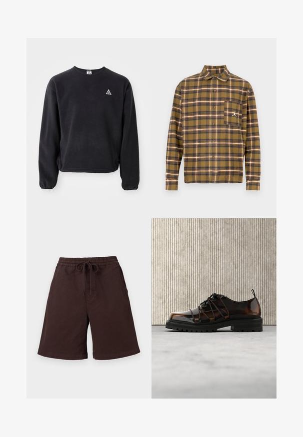 Sort sweatshirt med lange ærmer, rund halsudskæring og elastiske manchetter. Har et lille hvidt trekantet logo på venstre bryst. Blød tekstur.; Brun ternet skjorte lavet af blødt stof, med knappelukning foran, opretstående krave og venstre brystlomme med hvidt logo.; Mørkebrune afslappede shorts med elastisk talje og snøre foran, sidelommer og knælange ben mod en ensfarvet lys baggrund.; Blank brun lædersko med tyk sort sål og unik snøring, placeret på beige tæppe nær rundet orange møbel.