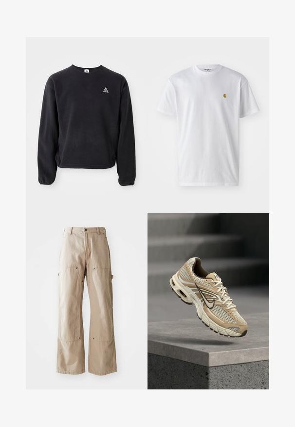 Schwarzer Pullover mit langen Ärmeln, Rundhalsausschnitt und elastischen Bündchen. Auf der linken Brust befindet sich ein kleines weißes Dreieckslogo. Weicher Stoff.; Weißes Baumwoll-T-Shirt mit kurzen Ärmeln, Rundhalsausschnitt, mit einem kleinen goldenen Logo im linken Brustbereich. Weicher Stoff und normale Passform.; Beige weite Hosen aus robustem Baumwollstoff. Verfügt über Front- und Seiten pockets, sichtbare Nähte und Metallakzente an den Taschen.; Beiger und weißer Nike Laufschuh mit Mesh-Paneelen und schwarzem Swoosh, schwebt über einem Betonsims mit unscharfen Treppen im Hintergrund.