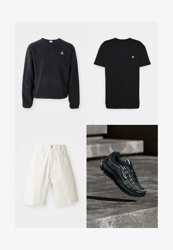 Sort sweatshirt med lange ærmer, rund halsudskæring og elastiske manchetter. Har et lille hvidt trekantet logo på venstre bryst. Blød tekstur.; Sort bomulds t-shirt med korte ærmer, rund halsudskæring og et lille gult logo på venstre brystområde. Enkel design og almindelig pasform.; Hvide denimshorts med en afslappet pasform, der har en talje, fem lommer og lige ben. Stoffet har en let tekstur.; Sort og grå Nike Air Max sneaker, der flyder over grå betontrin med tekstureret jordbaggrund.