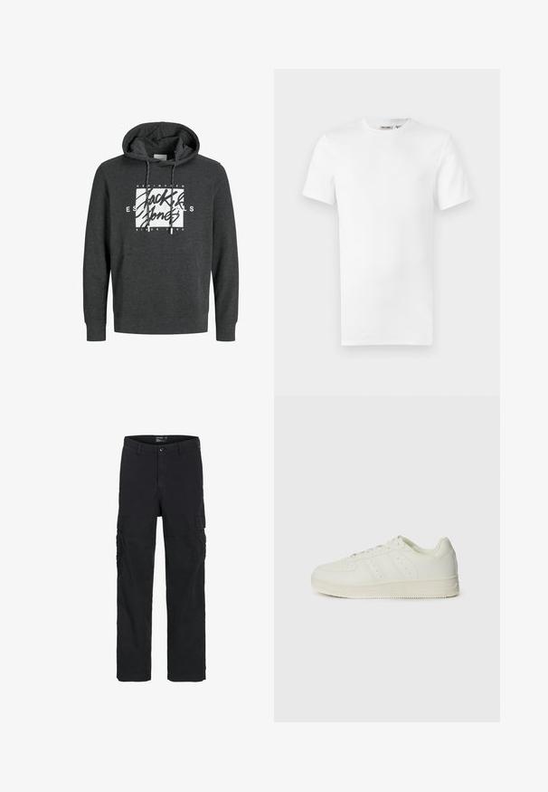 Dunkelgrauer Hoodie aus weichem Material, mit einer Fronttasche, Kapuze mit Kordelzug und einem großen weißen Grafiklogo auf der Brust.; Ein schlichtes weißes T-Shirt mit kurzen Ärmeln und Rundhalsausschnitt, mit einem kleinen Markenetikett im Krageninneren, auf weißem Hintergrund dargestellt.; Schwarze Cargo-Hosen aus Baumwolle, mit mehreren Seitentaschen, geradem Bein und einem Knopfverschluss an der Taille.; Weiße Sneakers mit glattem Ledertextur, Schnürdesign, durchbrochenen Details und drei diagonalen Streifen an der Seite. Gummisohle.