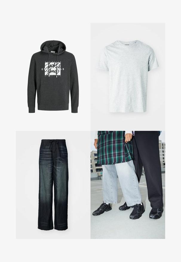 Haut à capuche gris foncé en matériau doux, doté d'une poche avant, d'une capuche avec cordon de serrage et d'un grand logo graphique blanc sur la poitrine.; T-shirt gris clair à manches courtes en tissu doux, avec un col rond et une coupe légèrement décontractée. Aucun motif ou graphique visible.; Pantalons larges en denim foncé avec une décoloration graduelle. Dotés d'une taille élastique avec un cordon de serrage. Texture lisse avec des motifs d'usure subtils.; Baskets de sport noires avec des accents en mesh et en caoutchouc. Portées avec un jean large gris clair et un haut à carreaux vert. Fond à surface plane.