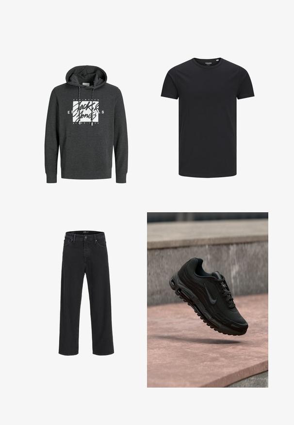 Mørkegrå hættetrøje lavet af blødt materiale, med en frontlomme, snoretræk til hætten og et stort hvidt grafisk logo på brystet.; Sort bomulds T-shirt med rund hals, korte ærmer og et enkelt design. Glat tekstur, ingen mønstre eller synligt tilbehør.; Sorte denim jeans med lige ben, knap- og lynlåslukning, bæltestropper samt for- og baglommer.; Sort Nike Air Max træningssko svævende over en stenovertflade med en sløret stenvæg i baggrunden.