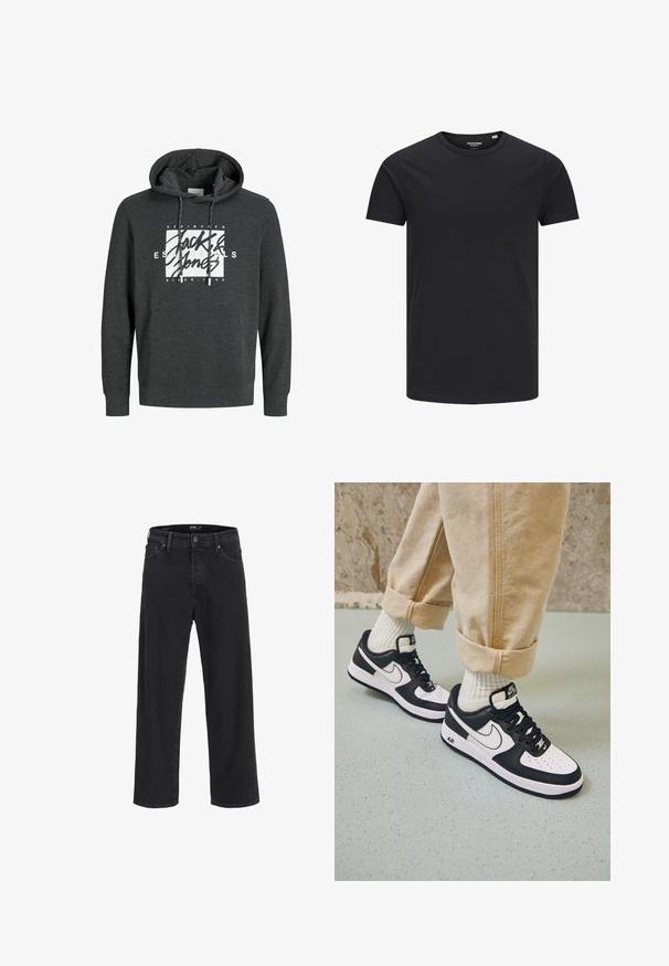 Haut à capuche gris foncé en matériau doux, doté d'une poche avant, d'une capuche avec cordon de serrage et d'un grand logo graphique blanc sur la poitrine.; T-shirt en coton noir avec un col rond, des manches courtes et un design simple. Texture lisse, sans motifs ni éléments visibles.; Jean en denim noir à jambe droite avec fermeture à bouton et à zip, passants de ceinture, et poches avant et arrière.; Baskets Nike Air Force 1 en noir et blanc avec un dessus en cuir, orteil perforé et détail de semelle texturée, portées avec un pantalon beige retroussé et des chaussettes blanches.