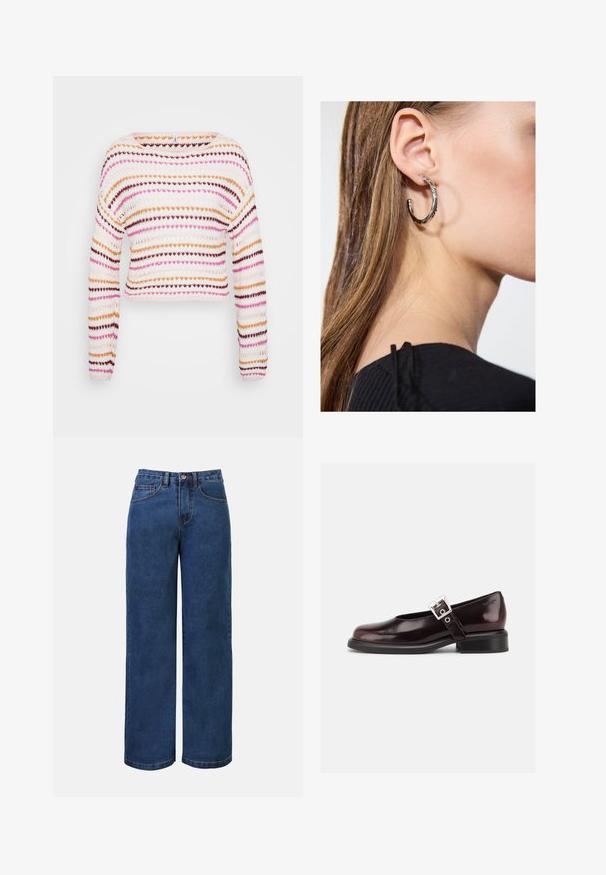 Strikket cropped sweater med vandrette striber i pink, orange og brun på en hvid baggrund. Bådhals og lange ærmer.; Mørkeblå denim bukser med bred benvidde og høj talje, der har knaplukning, bæltestropper samt for- og baglommer. Glat tekstur.; En enkelt blank mørk burgunder Mary Jane sko med bred rem og sølvspænde, lav blokhæle og rundet tå på hvid baggrund.; Sølv hoop ørestik med en poleret overflade, prydet med små guld accenter og en rund form, båret på øreflippen.