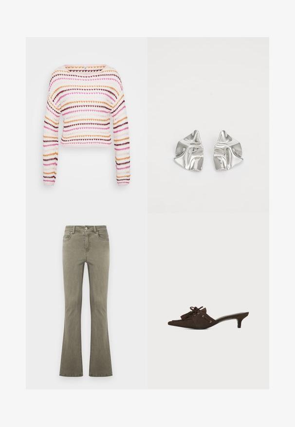 Strikket cropped sweater med vandrette striber i pink, orange og brun på en hvid baggrund. Bådhals og lange ærmer.; Olivenfarvede jeans med lige ben, for-trykknapslukning, bæltestropper og femlommesdesign, vist på en ensfarvet baggrund.; Brun ruskind mule-sko med spids tå, lav kittenhæl, snøring med sløjfe og kvastdetaljer på hvid baggrund.; Sølvmetal øreringe med et bølgende, skulpturelt design, der har en poleret overflade og uregelmæssige former, hvilket fremhæver en moderne æstetik.
