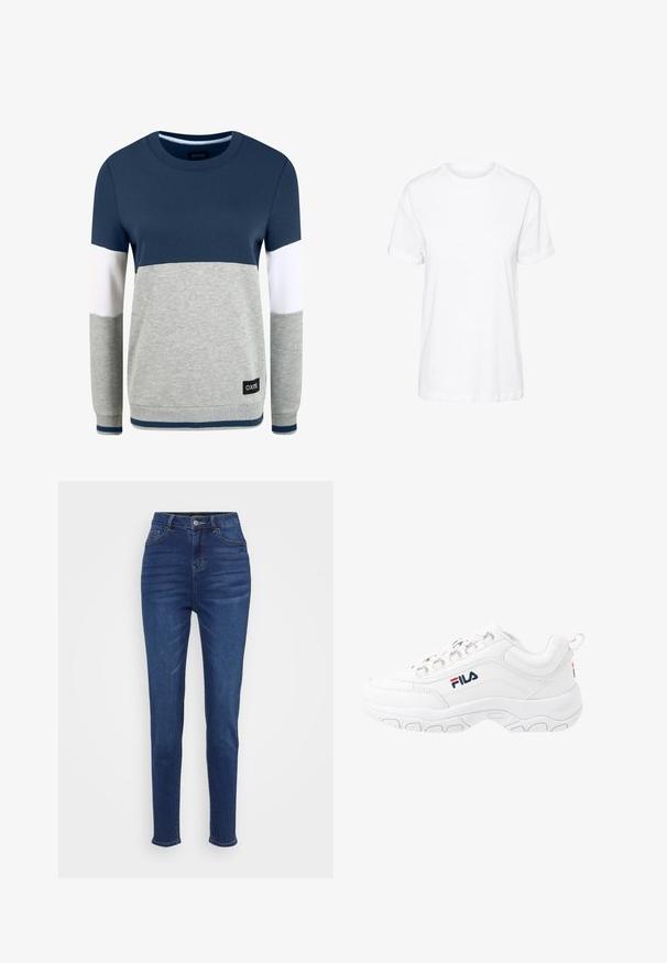Oxmo OMAYA - Sweatshirt - insignia blue; T-shirt en coton blanc avec des manches courtes, un col rond et une coupe décontractée, offrant une texture lisse et sans motifs visibles.; Jean taille haute, ajustement slim en denim bleu foncé. Comprend cinq poches, des passants de ceinture et une fermeture à bouton avec un léger dégradé le long des jambes.; Baskets blanches de sport avec une tige en cuir lisse, dotées d'une semelle en caoutchouc texturé, d'œillets métalliques et d'un logo contrastant sur le côté.