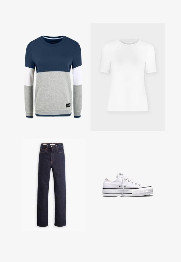 Oxmo OMAYA - Sweatshirt - insignia blue; Weißes T-Shirt mit kurzen Ärmeln und Rundhalsausschnitt, schlanker Passform und gerippter Stoffstruktur, dargestellt vor einem schlichten hellgrauen Hintergrund.; Dunkelblaue gerade geschnittene Denim-Jeans mit fünf Taschen und sichtbaren orangefarbenen Nähten auf einem weißen Hintergrund.; Weißer Canvas-Sneaker in niedriger Ausführung mit weißen Schnürsenkeln, schwarzen Streifen an der Sohle und gummiertem, strukturiertem Zehenschutz, Seitenansicht vor weißem Hintergrund.