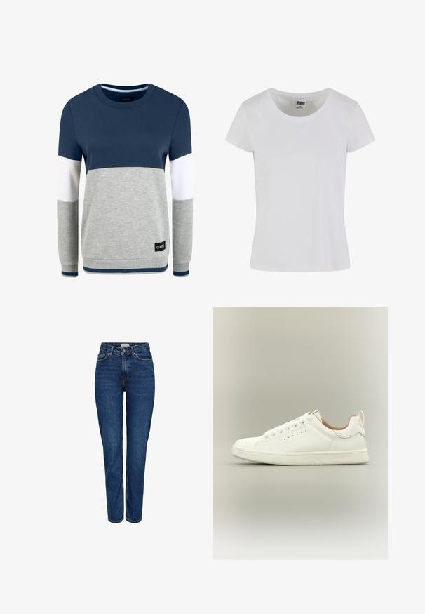 Oxmo OMAYA - Mikina - insignia blue; Biele tričko s krátkym rukávom vyrobené z bavlny. Má okrúhly výstrih a priliehavý strih. Na štítku je napísané "URBAN CLASSICS."; Tmavomodré denimové rifle s priečnym strihom, vysokým pásom, piatimi vreckami, svetlým prešívaním a jemným textúrovaným povrchom.; Biely nízky teniska s šnúrkami, perforovanými bočnými detailmi a sťahovacou pútkom na päte, na neutrálnom pozadí.