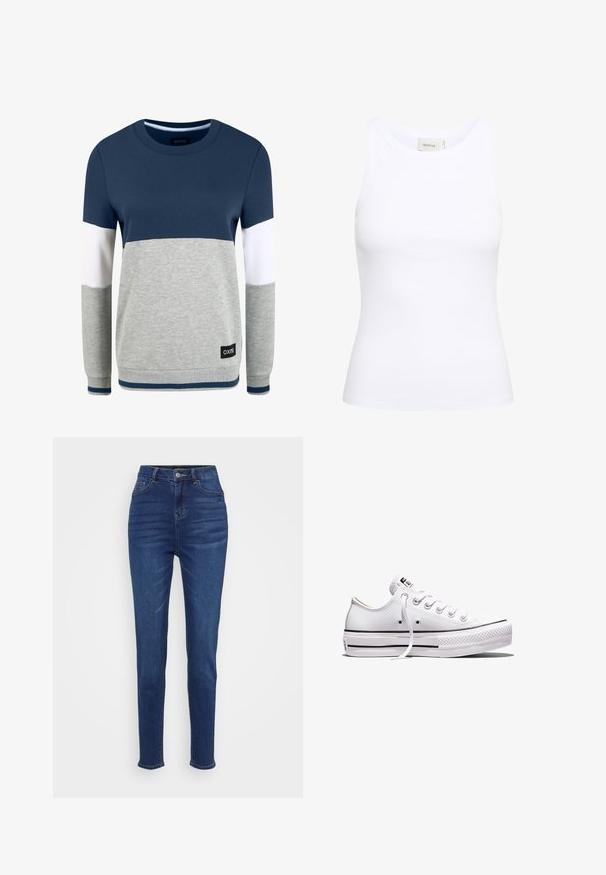 Oxmo OMAYA - Sweatshirt - insignia blue; Débardeur blanc côtelé avec un col rond et sans manches. Tissu extensible et design ajusté. Étiquette au dos indiquant "GESTUZ."; Jean taille haute, ajustement slim en denim bleu foncé. Comprend cinq poches, des passants de ceinture et une fermeture à bouton avec un léger dégradé le long des jambes.; Baskets basses en toile blanche avec lacets blancs, semelle en caoutchouc, détails à rayures noires, et écusson logo sur la languette et le talon.