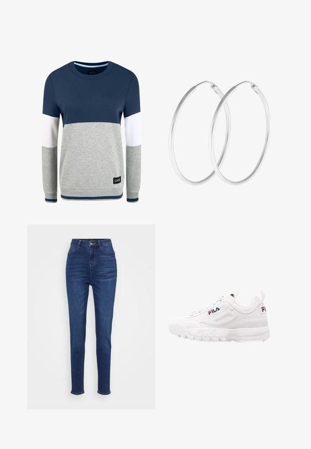 Oxmo OMAYA - Sweater - insignia blue; Hogestraat, slim-fit jeans in donkerblauwe denim. Voorzien van vijf zakken, riemlussen en een knoopsluiting met subtiele vervaging langs de benen.; Witte sportieve sneaker met een gewatteerde kraag, bovenwerk van mesh en synthetisch leer, logobewerking in rood en marineblauw, en een dikke rubberen zool.; Zilverkleurige oorringen met een gladde, ronde vorm en een gepolijste afwerking. Beide oorbellen zijn van dezelfde grootte en hebben een veilige sluitmechanisme.