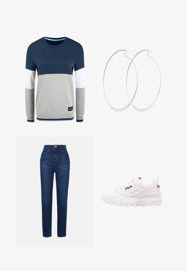 Oxmo OMAYA - Sweatshirt - insignia blue; Hoch taillierte blaue Jeans aus Denim mit schmaler Passform. Verfügt über fünf Taschen und einen Knopfverschluss. Glatte Textur und gleichmäßige Farbverteilung.; Weißer Sportschuh mit gepolstertem Kragen, Obermaterial aus Mesh und synthetischem Leder, Logodetail in Rot und Marineblau sowie dickem Gummi-Profil.; Silberne Creolen mit einem dünnen, glatten Design; länglich-ovale Form; polierte Oberfläche; ausgestattet mit einem sicheren Hakenverschluss.