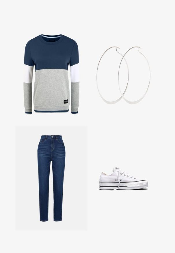 Oxmo OMAYA - Sweatshirt - insignia blue; Hoch taillierte blaue Jeans aus Denim mit schmaler Passform. Verfügt über fünf Taschen und einen Knopfverschluss. Glatte Textur und gleichmäßige Farbverteilung.; Weißer Canvas-Sneaker in niedriger Ausführung mit weißen Schnürsenkeln, schwarzen Streifen an der Sohle und gummiertem, strukturiertem Zehenschutz, Seitenansicht vor weißem Hintergrund.; Silberne Creolen mit einem dünnen, glatten Design; länglich-ovale Form; polierte Oberfläche; ausgestattet mit einem sicheren Hakenverschluss.