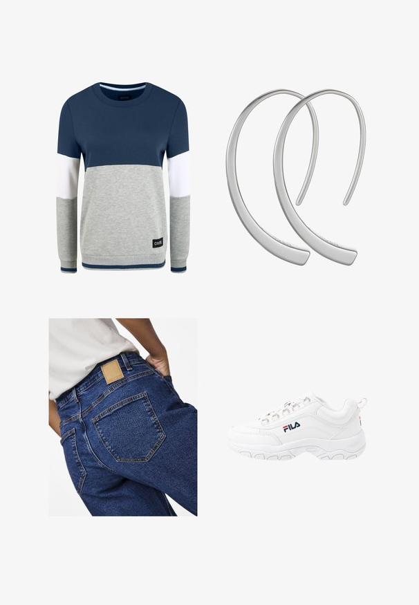 Oxmo OMAYA - Sweatshirt - insignia blue; Jean en denim bleu taille haute avec une texture lisse, dotés de poches arrière et d'un patch en cuir de la marque sur la ceinture.; Baskets blanches de sport avec une tige en cuir lisse, dotées d'une semelle en caoutchouc texturé, d'œillets métalliques et d'un logo contrastant sur le côté.; Boucles d'oreilles en métal argenté en forme de croissant, avec une surface lisse et brillante. Elles présentent un design minimaliste sans motifs visibles.