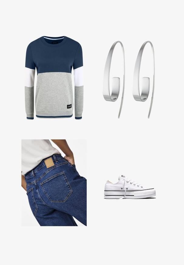 Oxmo OMAYA - Sweatshirt - insignia blue; Jean en denim bleu taille haute avec une texture lisse, dotés de poches arrière et d'un patch en cuir de la marque sur la ceinture.; Baskets basses en toile blanche avec lacets blancs, bandes noires sur la semelle et embout en caoutchouc texturé, vue de côté sur fond blanc.; Boucles d'oreilles en argent avec un design allongé et épuré. Fabriquées en métal poli, présentant une texture lisse et un style minimaliste.