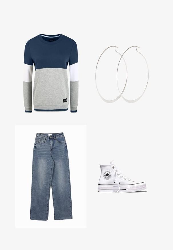 Oxmo OMAYA - Sweatshirt - insignia blue; Blaue Jeans im weiten Schnitt mit Gesäß- und Münztaschen, Knopfverschluss und Details im verwaschenen Look.; Weißer Converse Chuck Taylor All Star High-Top-Sneaker mit schwarzen Streifen und Logo-Patch an der Seite, präsentiert vor einem schlichten weißen Hintergrund.; Silberne Creolen mit einem dünnen, glatten Design; länglich-ovale Form; polierte Oberfläche; ausgestattet mit einem sicheren Hakenverschluss.