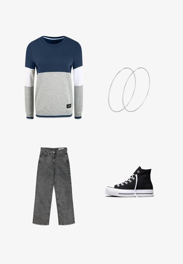 Oxmo OMAYA - Sweatshirt - insignia blue; Schwarze, hoch taillierte, gewaschenen Straight-Leg-Jeans mit Fronttaschen, Gürtelschlaufen, Knopfverschluss und einem markierten Innenbund-Label.; Schwarzer High-Top-Canvas-Sneaker mit weißer Gummisohle und weißen Schnürsenkeln, seitlich dargestellt vor weißem Hintergrund.; Silberne Creolen mit minimalistischem Design. Rundform, glatte Oberfläche und dünnes Profil. Leichtgewichtig mit hochglänzender Oberfläche.
