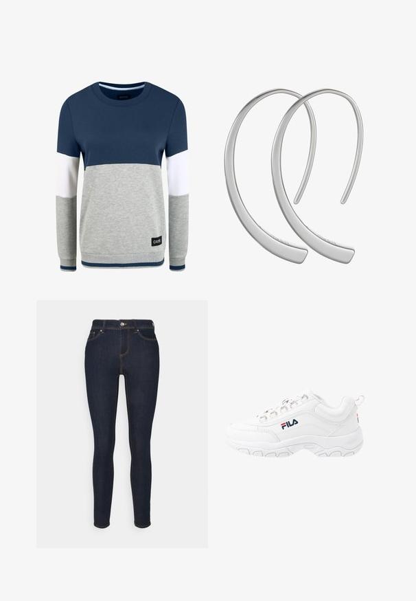 Oxmo OMAYA - Sweatshirt - insignia blue; ONLY ONLWAUW LIFE MID - Jeans Skinny - dark blue denim; Baskets blanches de sport avec une tige en cuir lisse, dotées d'une semelle en caoutchouc texturé, d'œillets métalliques et d'un logo contrastant sur le côté.; Boucles d'oreilles en métal argenté en forme de croissant, avec une surface lisse et brillante. Elles présentent un design minimaliste sans motifs visibles.