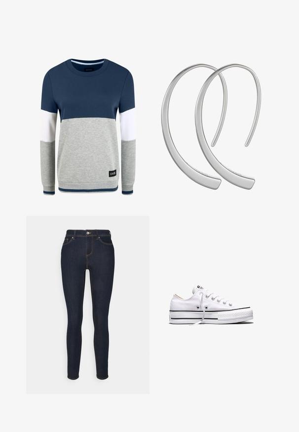 Oxmo OMAYA - Sweatshirt - insignia blue; ONLY ONLWAUW LIFE MID - Jeans Skinny Fit - dark blue denim; Weißer Canvas-Sneaker in niedriger Ausführung mit weißen Schnürsenkeln, schwarzen Streifen an der Sohle und gummiertem, strukturiertem Zehenschutz, Seitenansicht vor weißem Hintergrund.; Silberne Metall-Hoops Ohrringe mit einer glatten, glänzenden Oberfläche und einer gewölbten Mondform, die ein minimalistisches Design aufweisen und keine sichtbaren Muster haben.