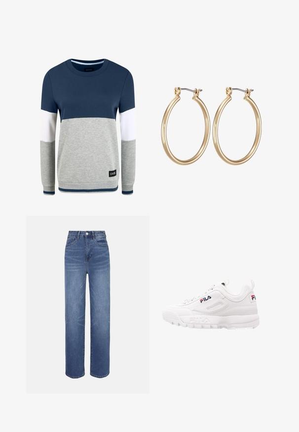 Oxmo OMAYA - Sweatshirt - insignia blue; Hellblaue Jeans aus Denim mit hohem Bund, geradem Bein, Fünf-Taschen-Design und dezenten Verwaschungseffekten im Stoff.; Weißer Sportschuh mit gepolstertem Kragen, Obermaterial aus Mesh und synthetischem Leder, Logodetail in Rot und Marineblau sowie dickem Gummi-Profil.; Goldfarbene Metall-Ohrringe in Form von Kreisen mit einem glatten, runden Design und einem gesicherten Klappverschluss. Leicht und mit einer polierten Oberfläche.