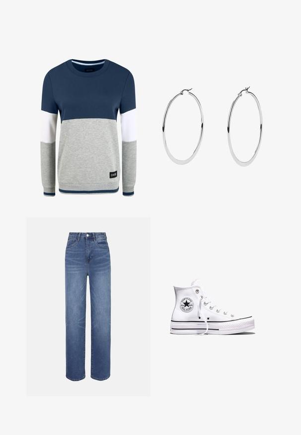 Oxmo OMAYA - Sweatshirt - insignia blue; Hellblaue Jeans aus Denim mit hohem Bund, geradem Bein, Fünf-Taschen-Design und dezenten Verwaschungseffekten im Stoff.; Weißer Converse Chuck Taylor All Star High-Top-Sneaker mit schwarzen Streifen und Logo-Patch an der Seite, präsentiert vor einem schlichten weißen Hintergrund.; Große Silberohrringe mit polierter Metalloberfläche, die ein glattes, kreisförmiges Design und einen sicheren Klappverschluss aufweisen.