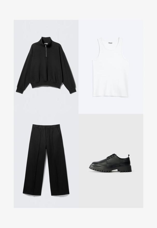 Sort sweatshirt med høj krave og halv lynlås, der har sænkede skuldre og ribbet kant. Fremstillet af blødt, struktureret stof.; Hvid ærmeløs tanktop med rund halsudskæring og Weekday-mærke på den indvendige baghals, vist fladt på lys baggrund.; Sorte vidde-bukser med bæltestropper, forlommer og lynlås foran, vist på en lysegrå baggrund.; Sorte læder snøresko med rund tå, tekstureret overflade og kraftig gummisål med dybe riller for bedre greb.