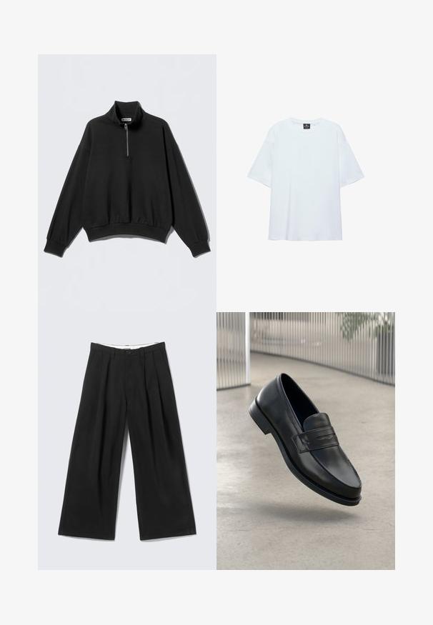 Sort sweatshirt med høj krave og halv lynlås, der har sænkede skuldre og ribbet kant. Fremstillet af blødt, struktureret stof.; Hvid, oversized T-shirt med korte ærmer og rund halsudskæring, med en sort etiket inde i kraven på en hvid baggrund.; Sorte bukser med vide ben, læg, bæltestropper og en knaplukning, vist mod en lys grå baggrund.; Sort lædersko med glat tekstur, spids tå og en dekorativ rem over vristen. Letvægts sål, minimalistisk design.
