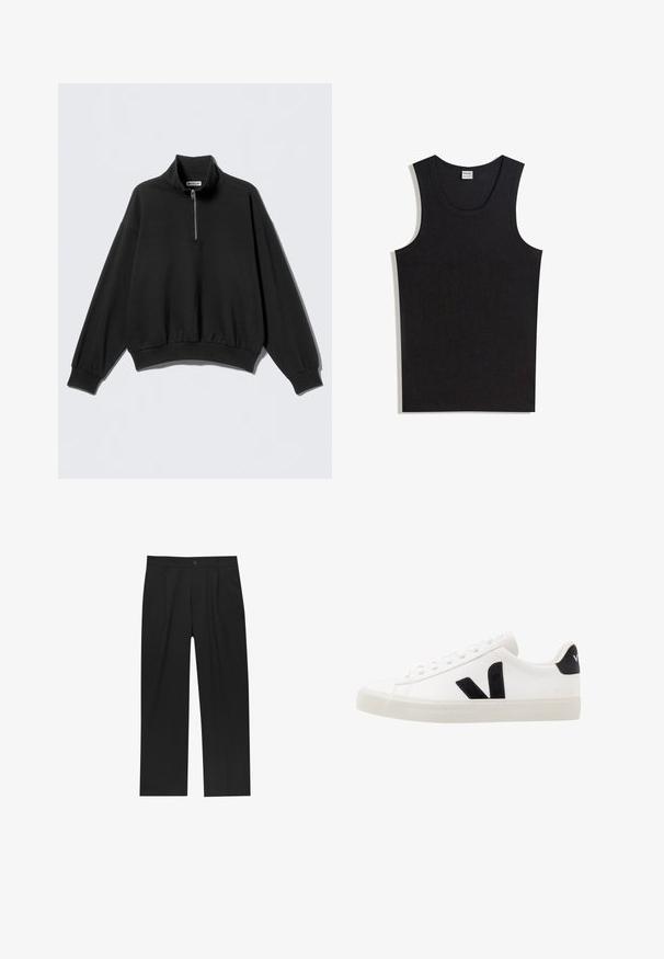 Sort sweatshirt med høj krave og halv lynlås, der har sænkede skuldre og ribbet kant. Fremstillet af blødt, struktureret stof.; Sort tanktop lavet af bomuld med rund halsudskæring og ærmeløs design. Glat tekstur uden synlige mønstre eller accenter.; Sorte bukser med lige ben, lavet af et glat stof. Har frontfolder og en enkelt knaplukning i taljen.; Hvide lædersneakers med sorte ruskindsdetaljer; har en gummisål, rund tå og klassisk snørebåndsdesign. Side logo i sort.