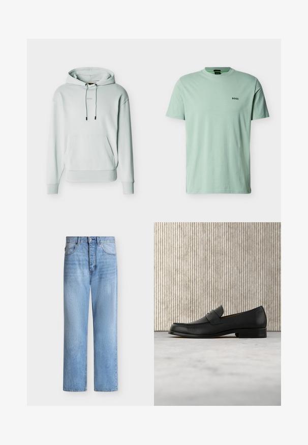 Sweat à capuche gris clair avec poche kangourou à l'avant, cordons de serrage ajustables, poignets et ourlet côtelés, et logo "BOSS" discret sur la poitrine.; T-shirt vert clair à manches courtes avec col rond et petit logo noir "BOSS" sur le côté gauche de la poitrine sur un fond uni.; Jean droit en denim bleu clair avec fermeture par bouton et zip, poches avant et arrière, et passants de ceinture à la taille.; Mocassin en cuir noir flottant au-dessus d'un tapis beige avec une table ronde brune brillante en arrière-plan.