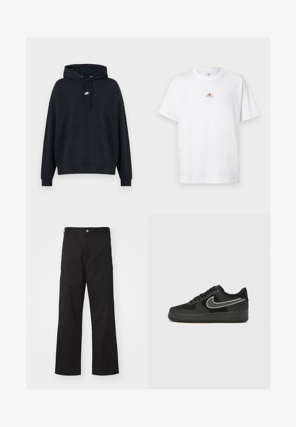 Μαύρο φούτερ Nike με τσέπη καγκουρό μπροστά, ρυθμιζόμενο σκοινί για την κουκούλα και μικρό λευκό λογότυπο Nike στο κέντρο του στήθους.; Λευκό βαμβακερό t-shirt με στρογγυλή λαιμόκοψη και κοντά μανίκια. Διαθέτει ένα μικρό καφέ και λευκό λογότυπο στο στήθος.; Μαύρο παντελόνι φτιαγμένο από ανθεκτικό ύφασμα με ίσια εφαρμογή, διαθέτοντας μπροστινό κλείσιμο με κουμπί, θηλιές ζώνης και χωρίς ορατά σχέδια ή διακοσμήσεις.; Αθλητικό παπούτσι Nike Air Force 1 σε μαύρο σουέντ και δέρμα, με ασημένιο σήμα swoosh, στρογγυλή μύτη, κορδόνια και υφασμένη ελαστική σόλα.