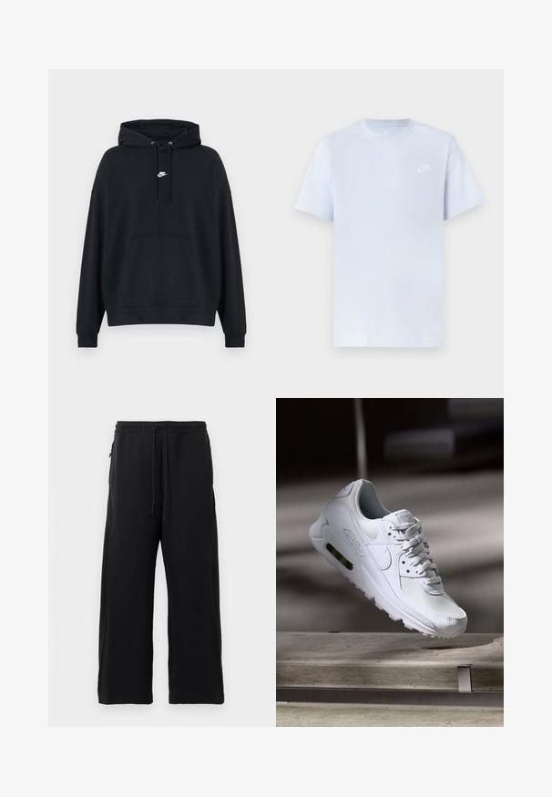 Μαύρο φούτερ Nike με τσέπη καγκουρό μπροστά, ρυθμιζόμενο σκοινί για την κουκούλα και μικρό λευκό λογότυπο Nike στο κέντρο του στήθους.; Ανοιχτό μπλε βαμβακερό μπλουζάκι με κοντά μανίκια, στρογγυλή λαιμόκοψη και λευκό λογότυπο Nike εκτυπωμένο στο αριστερό στήθος. Λείο υλικό, απλός σχεδιασμός.; Μαύρες φόρμες από μαλακό ύφασμα, με κορδόνι στη μέση, φαρδιά γραμμή και πλαϊνές τσέπες με λεία υφή.; Λευκό αθλητικό παπούτσι Nike Air Max 90 με άνω μέρος από διχτυωτό και δερμάτινο υλικό, τρυπητό μπροστινό μέρος και ορατή μονάδα αέρα στη φτέρνα.