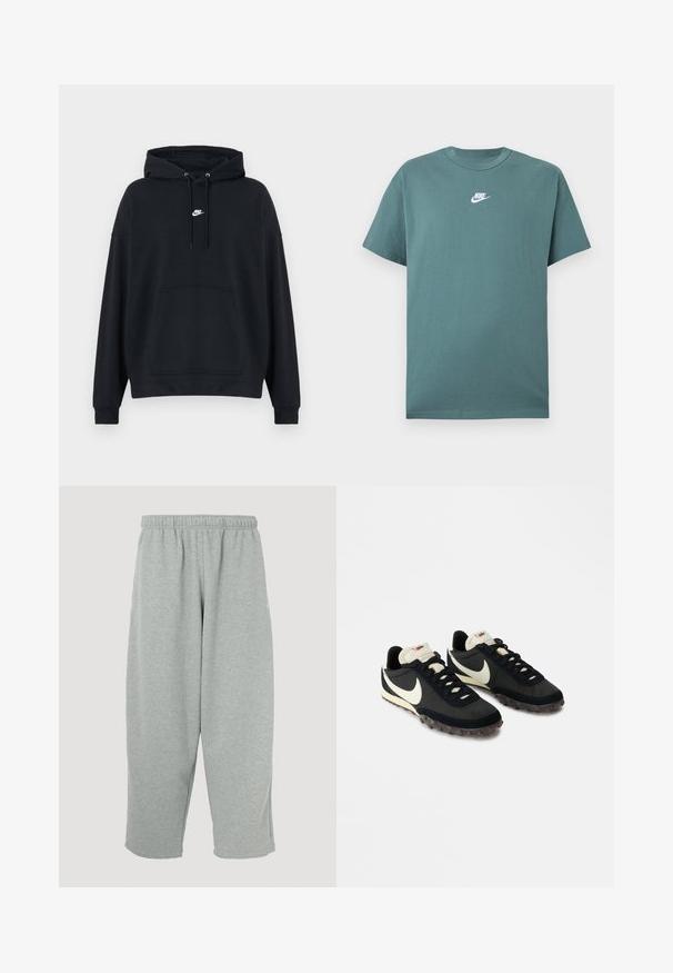 Μαύρο φούτερ Nike με τσέπη καγκουρό μπροστά, ρυθμιζόμενο σκοινί για την κουκούλα και μικρό λευκό λογότυπο Nike στο κέντρο του στήθους.; Πράσινο T-shirt με κοντά μανίκια από την Nike, με λευκό λογότυπο στο κέντρο του στήθους, λαιμόκοψη τύπου crew και άνετη εφαρμογή.; Ανοιχτό γκρι παντελόνι φόρμας με ελαστική μέση, εφαρμοστή σχεδίαση στα πόδια και απαλή υφή. Χωρίς ορατά λογότυπα ή μοτίβα.; Μαύρα αθλητικά παπούτσια με υφή στο επάνω μέρος, λευκό λογότυπο swoosh και καουτσούκ σόλα με μικρά καρφιά για πρόσφυση. Κρέμα χρώματος κολάρο.