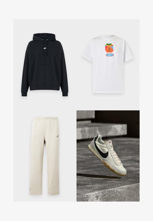 Μαύρο φούτερ Nike με τσέπη καγκουρό μπροστά, ρυθμιζόμενο σκοινί για την κουκούλα και μικρό λευκό λογότυπο Nike στο κέντρο του στήθους.; Λευκό κοντομάνικο μπλουζάκι με πολύχρωμο αφηρημένο γραφικό που απεικονίζει ένα λουλούδι και ένα μπλε λογότυπο Nike στο στήθος.; Μπεζ φόρμες με ελαστική μέση, ίσια πόδια και μικρό πράσινο και μαύρο λογότυπο Nike στο πάνω αριστερό μηρό.; Λευκό και μαύρο αθλητικό παπούτσι Nike με καφέ σόλα, κρεμασμένο πάνω από σκάλες από σκυρόδεμα, φωτισμένο από φυσικό ηλιακό φως.